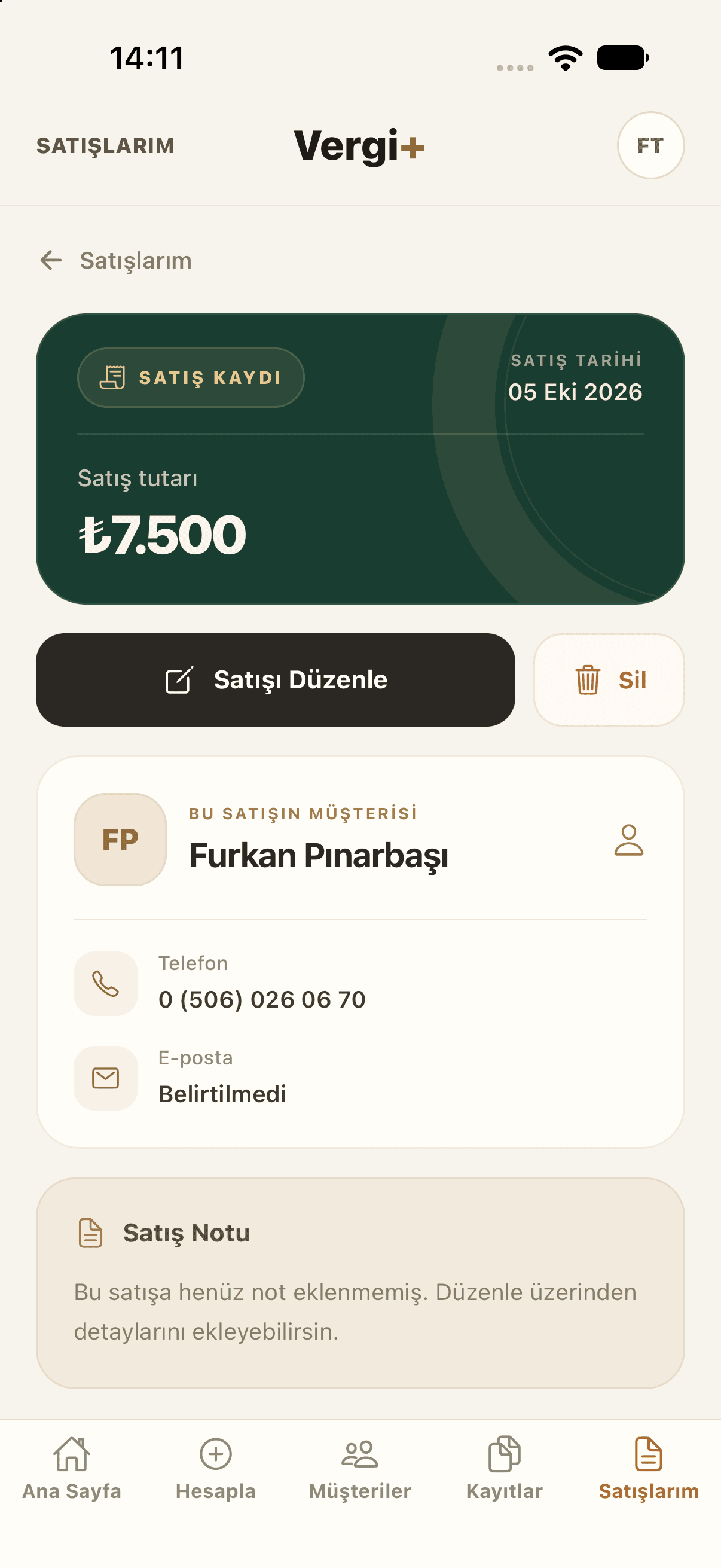 Vergi+ satış detayında satış tutarı ve müşteri bilgileri